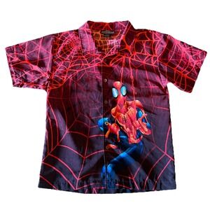 VTG 2002 Marvel Spider-Man Short Sleeve Button Up All Over Print Kids XL CA33990